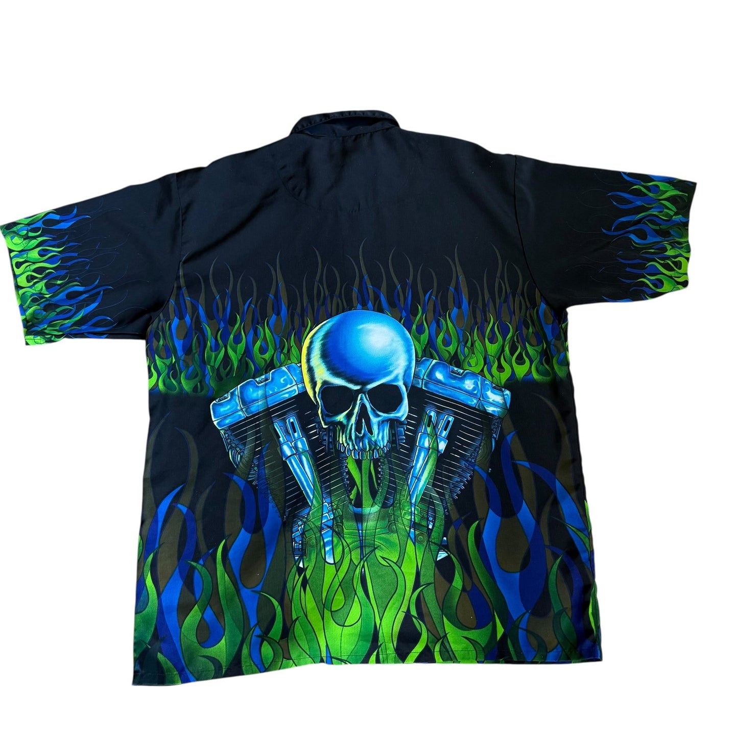 Sapphire Lounge y2k Skull Engine Flames Button Up Mens XL