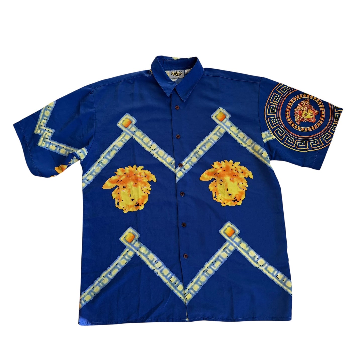 Up Ro's Medusa Head Blue Vintage 90s y2k ButtonUp AOP Mens Large