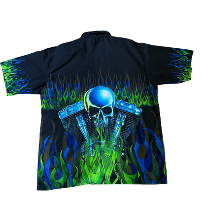 Sapphire Lounge y2k Skull Engine Flames Button Up Mens XL
