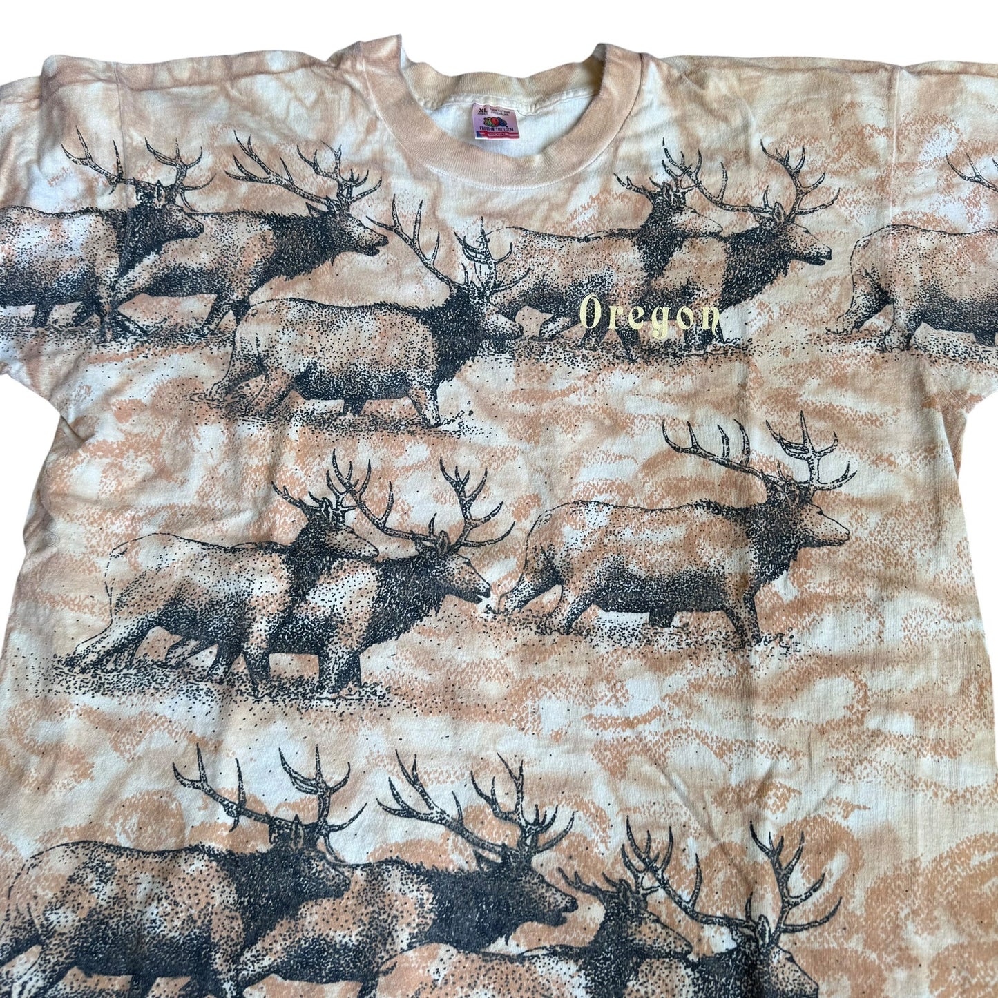 Vintage 1993 Oregon Trail Elk AllOverPrint Tee Shirt Mens XL