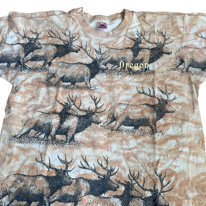 Vintage 1993 Oregon Trail Elk AllOverPrint Tee Shirt Mens XL