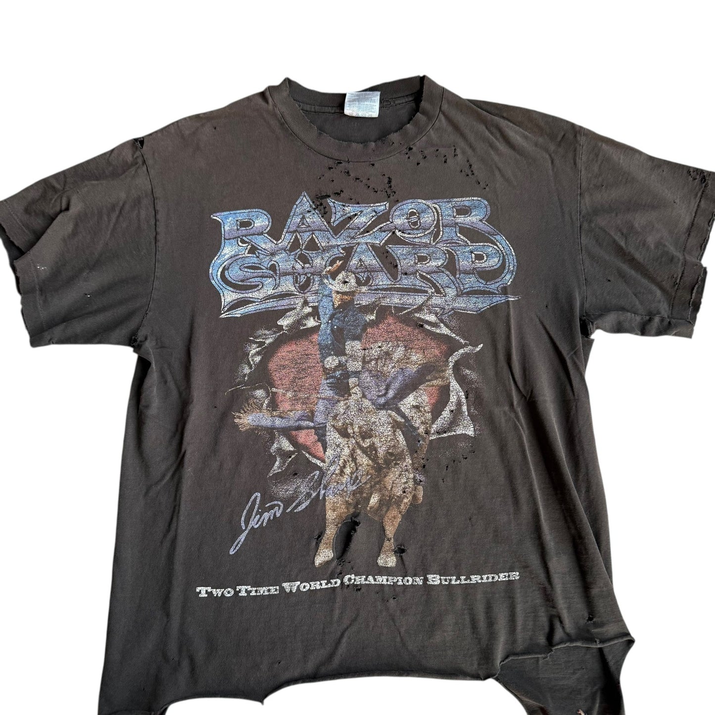 Distressed Jim Sharp Razor Bull Rider Rodeo Tee Shirt Mens Small