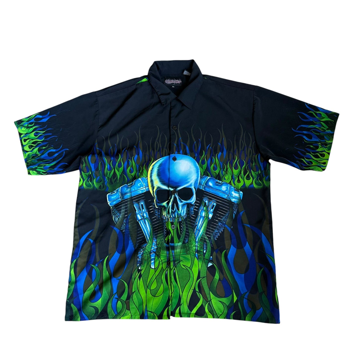 Sapphire Lounge y2k Skull Engine Flames Button Up Mens XL