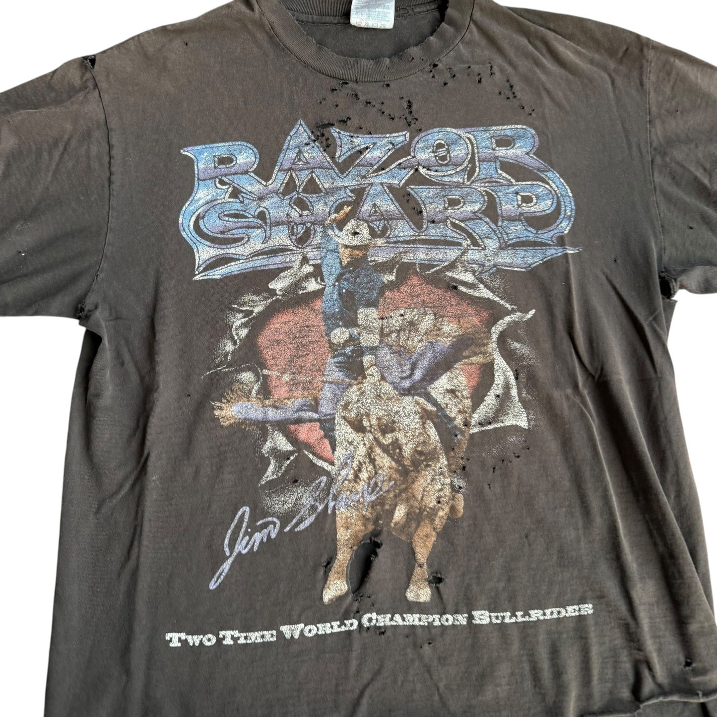 Distressed Jim Sharp Razor Bull Rider Rodeo Tee Shirt Mens Small
