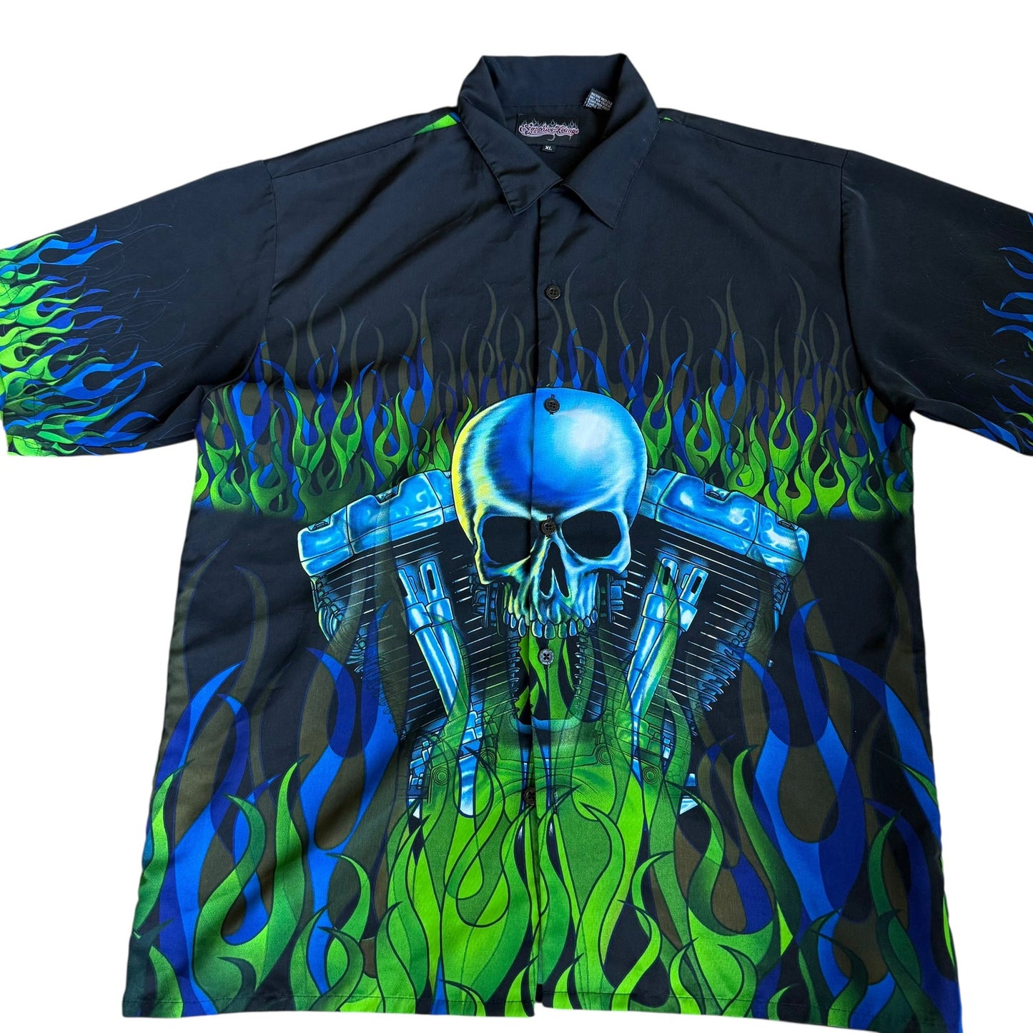 Sapphire Lounge y2k Skull Engine Flames Button Up Mens XL