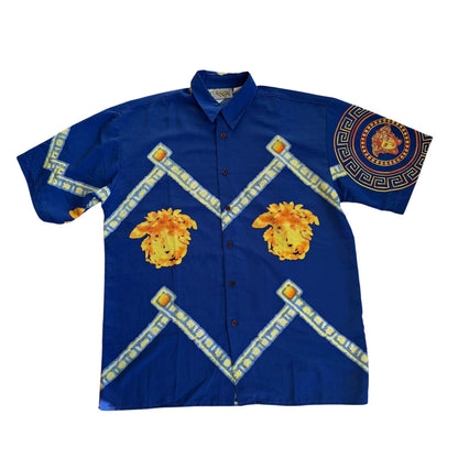 Up Ro's Medusa Head Blue Vintage 90s y2k ButtonUp AOP Mens Large