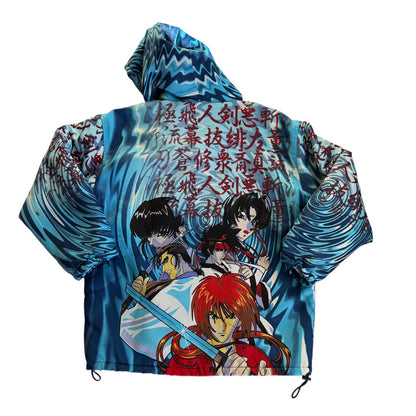 Vintage 90s ZAM Rurouni Kenshin Anime AOP Puffer Coat Hoodie Mens XL
