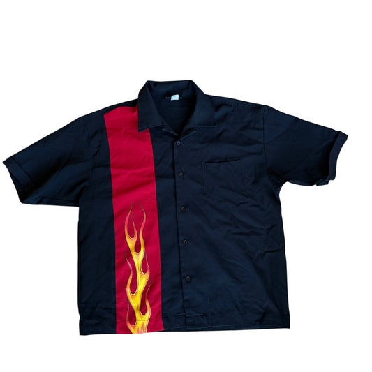 Vintage Anchor Blue y2k Stripe Flame Button Up Mens Large