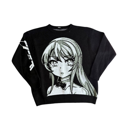 NRDN Anime Girl Knit Crewneck Sweater Black Large Mens