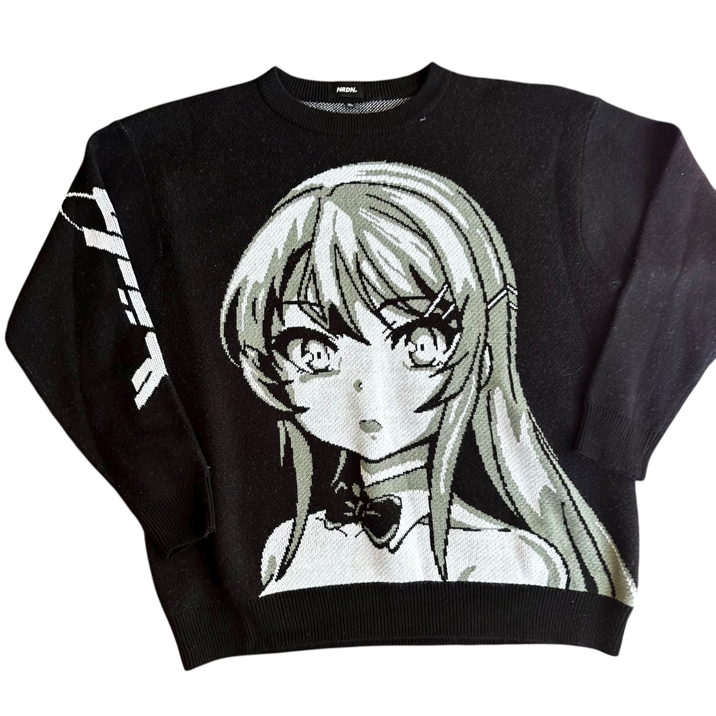 NRDN Anime Girl Knit Crewneck Sweater Black Large Mens