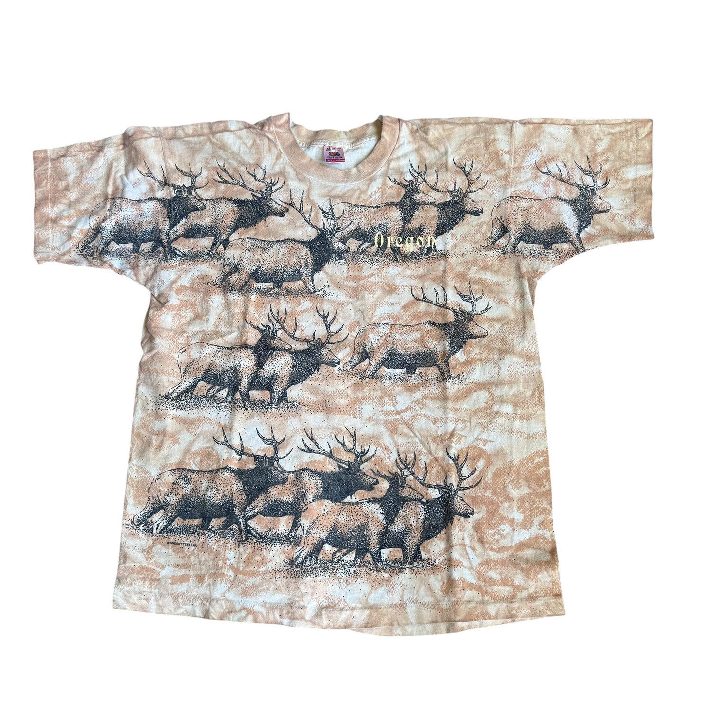 Vintage 1993 Oregon Trail Elk AllOverPrint Tee Shirt Mens XL