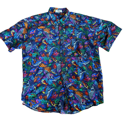 Vintage Fish AllOverPrint Shirt Silk Mens Medium