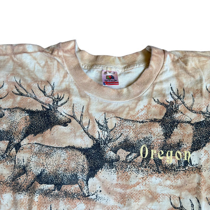 Vintage 1993 Oregon Trail Elk AllOverPrint Tee Shirt Mens XL